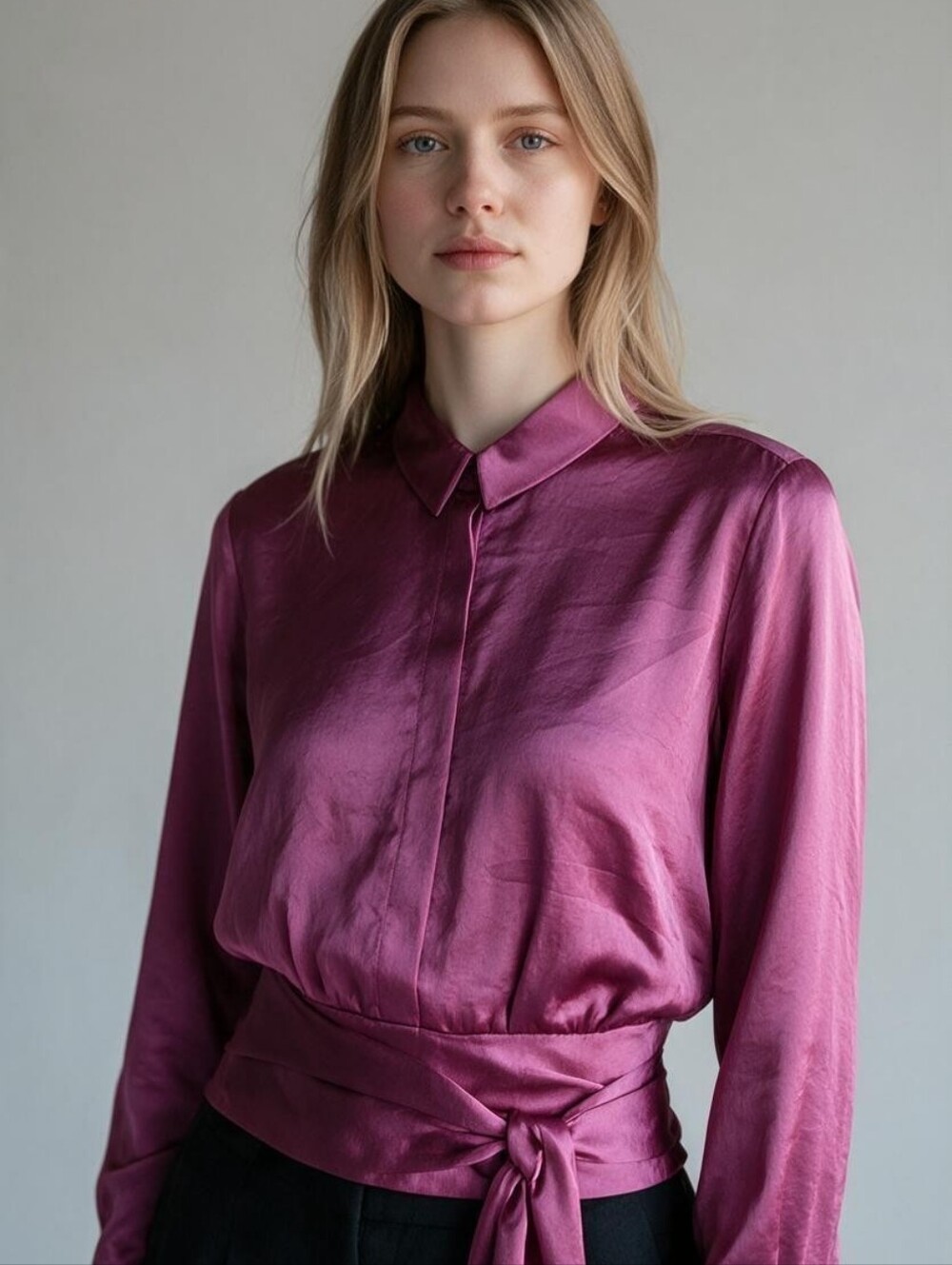 Express Portofino Satin Tie Front Blouse Women’s M Magenta Pink Long Sleeve
